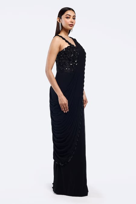 Onaya Black Lycra Sequins, Beads Asymmetric Embellished Saree Gown Online at Aza Fashions Onaya_Black Lycra Sequins, Beads Asymmetric Embellished Saree Gown _Online_at_Aza_Fashions