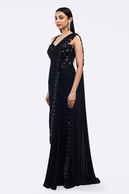 Buy Onaya Black Lycra Sequins, Beads Asymmetric Embellished Saree Gown Online at Aza Fashions Buy_Onaya_Black Lycra Sequins, Beads Asymmetric Embellished Saree Gown _Online_at_Aza_Fashions