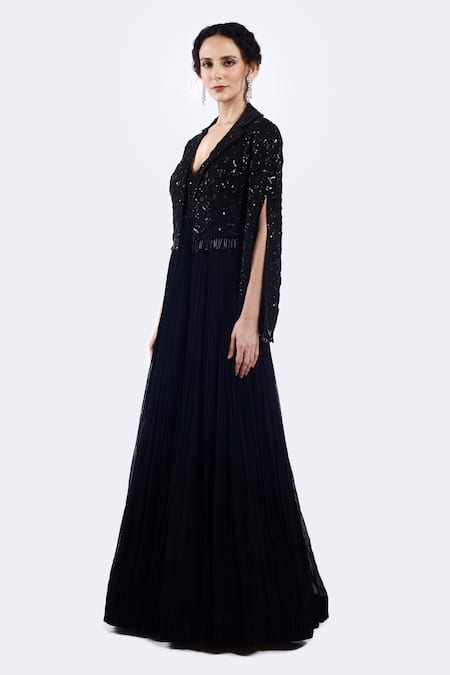 Onaya_Black Georgette Beads, Piping V-neck Embellished Gown And Jacket Set _Online_at_Aza_Fashions