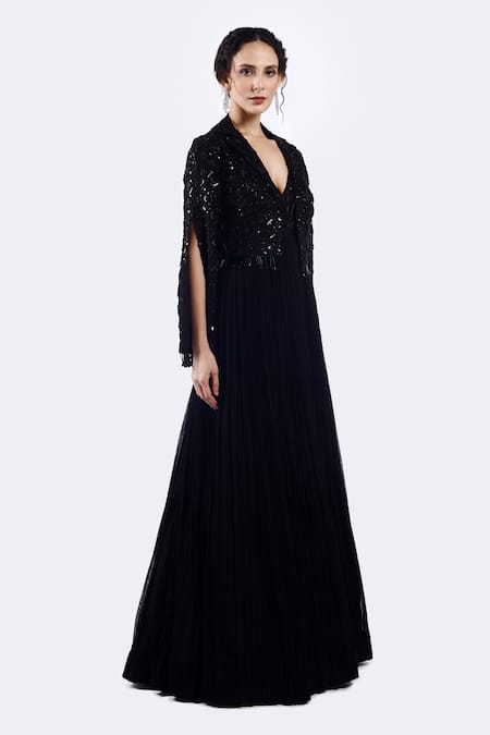 Buy_Onaya_Black Georgette Beads, Piping V-neck Embellished Gown And Jacket Set _Online_at_Aza_Fashions