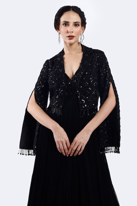 Shop_Onaya_Black Georgette Beads, Piping V-neck Embellished Gown And Jacket Set _Online_at_Aza_Fashions
