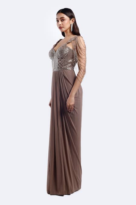 Onaya Beige Lycra, Net Sequins, Beads Sweetheart Neck Embellished Gown Online at Aza Fashions Onaya_Beige Lycra, Net Sequins, Beads Sweetheart Neck Embellished Gown _Online_at_Aza_Fashions