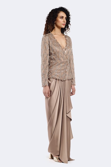 Onaya_Beige Satin Sequins, Beads V-neck Embellished Jacket And Skirt Set _Online_at_Aza_Fashions