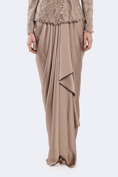 Buy Onaya Beige Satin Sequins, Beads V-neck Embellished Jacket And Skirt Set Online at Aza Fashions Buy_Onaya_Beige Satin Sequins, Beads V-neck Embellished Jacket And Skirt Set _Online_at_Aza_Fashions