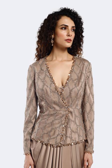 Shop_Onaya_Beige Satin Sequins, Beads V-neck Embellished Jacket And Skirt Set _Online_at_Aza_Fashions