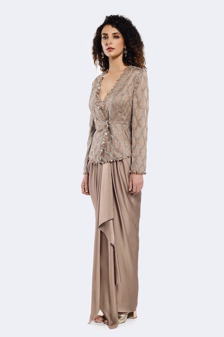Onaya_Beige Satin Sequins, Beads V-neck Embellished Jacket And Skirt Set _at_Aza_Fashions