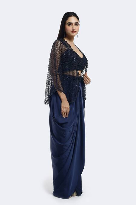 Onaya_Navy Satin Sequins, Beads V-, Round Embellished Cape And Skirt Set_Online_at_Aza_Fashions