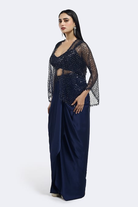 Shop_Onaya_Navy Satin Sequins, Beads V-, Round Embellished Cape And Skirt Set_Online_at_Aza_Fashions