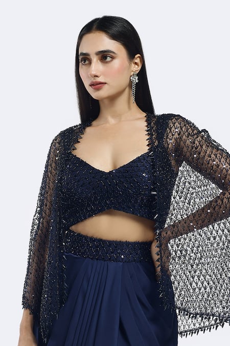 Onaya_Navy Satin Sequins, Beads V-, Round Embellished Cape And Skirt Set_at_Aza_Fashions