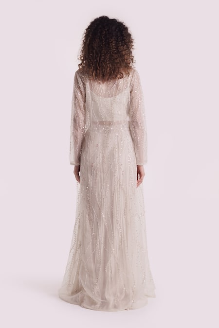 Shop Onaya Off White Georgette, Organza Sequins, Pearls, Cut Embroidered Jacket And Skirt Set at Aza Fashions Shop_Onaya_Off White Georgette, Organza Sequins, Pearls, Cut Embroidered Jacket And Skirt Set _at_Aza_Fashions