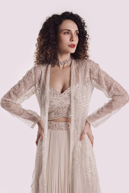 Shop Onaya Off White Georgette, Organza Sequins, Pearls, Cut Embroidered Jacket And Skirt Set Online at Aza Fashions Shop_Onaya_Off White Georgette, Organza Sequins, Pearls, Cut Embroidered Jacket And Skirt Set _Online_at_Aza_Fashions