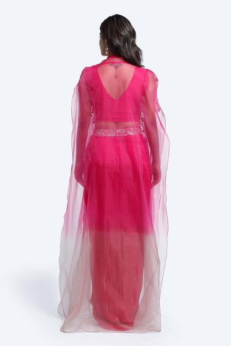 Shop Onaya Pink Silk Embroidery, Zari Round , Open Cape And Skirt Set at Aza Fashions Shop_Onaya_Pink Silk Embroidery, Zari Round , Open Cape And Skirt Set _at_Aza_Fashions