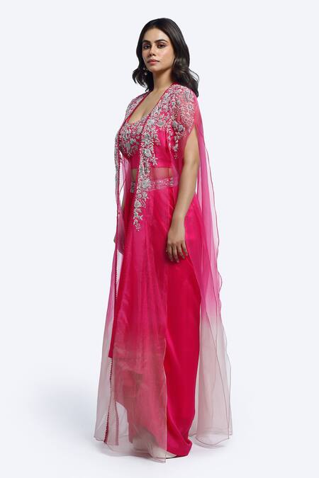 Onaya Pink Silk Embroidery, Zari Round , Open Cape And Skirt Set Online at Aza Fashions Onaya_Pink Silk Embroidery, Zari Round , Open Cape And Skirt Set _Online_at_Aza_Fashions
