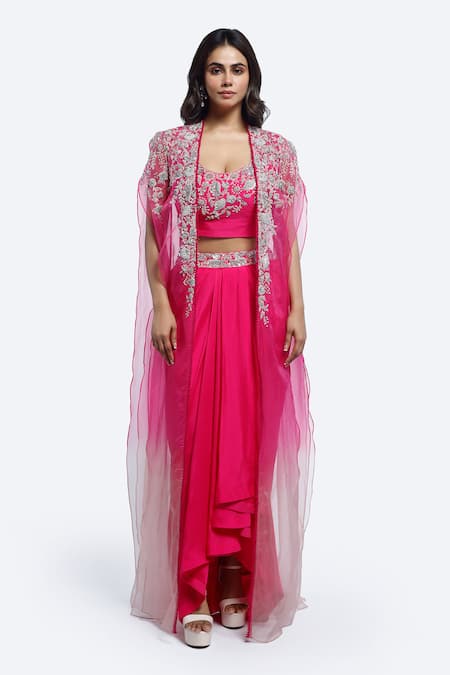 Onaya Pink Silk Embroidery, Zari Round , Open Cape And Skirt Set 