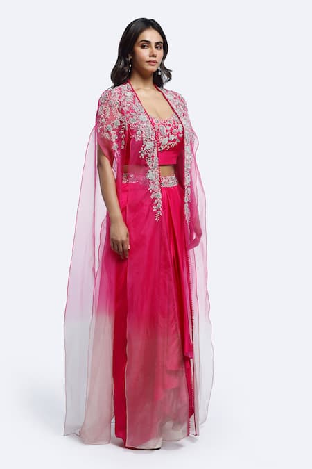 Buy Onaya Pink Silk Embroidery, Zari Round , Open Cape And Skirt Set Online at Aza Fashions Buy_Onaya_Pink Silk Embroidery, Zari Round , Open Cape And Skirt Set _Online_at_Aza_Fashions