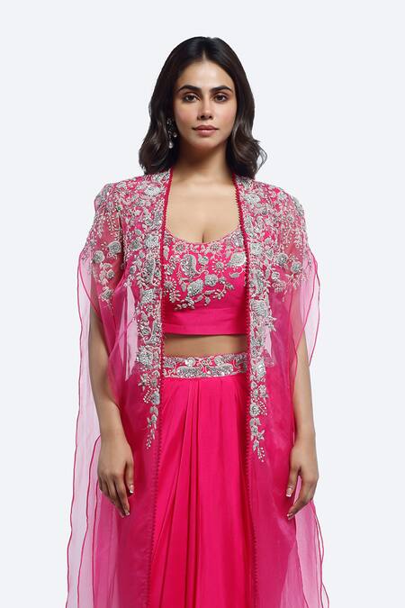 Shop Onaya Pink Silk Embroidery, Zari Round , Open Cape And Skirt Set Online at Aza Fashions Shop_Onaya_Pink Silk Embroidery, Zari Round , Open Cape And Skirt Set _Online_at_Aza_Fashions