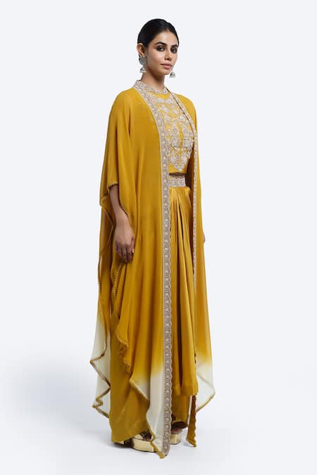 Onaya Mustard Silk Zari, Embroidery High , Round Ombre Cape And Skirt Set Online at Aza Fashions Onaya_Mustard Silk Zari, Embroidery High , Round Ombre Cape And Skirt Set _Online_at_Aza_Fashions