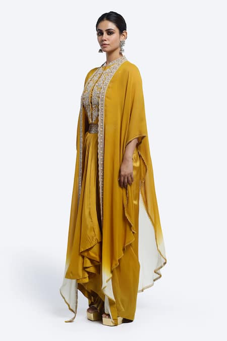 Buy Onaya Mustard Silk Zari, Embroidery High , Round Ombre Cape And Skirt Set Online at Aza Fashions Buy_Onaya_Mustard Silk Zari, Embroidery High , Round Ombre Cape And Skirt Set _Online_at_Aza_Fashions