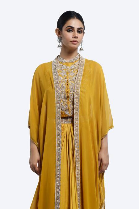 Shop Onaya Mustard Silk Zari, Embroidery High , Round Ombre Cape And Skirt Set Online at Aza Fashions Shop_Onaya_Mustard Silk Zari, Embroidery High , Round Ombre Cape And Skirt Set _Online_at_Aza_Fashions