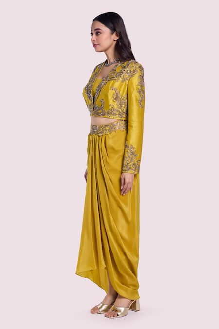 Onaya Yellow Crepe, Silk Embroidery, Cut Work, Pearls, Sequins Jacket And Skirt Set Online at Aza Fashions Onaya_Yellow Crepe, Silk Embroidery, Cut Work, Pearls, Sequins Jacket And Skirt Set _Online_at_Aza_Fashions