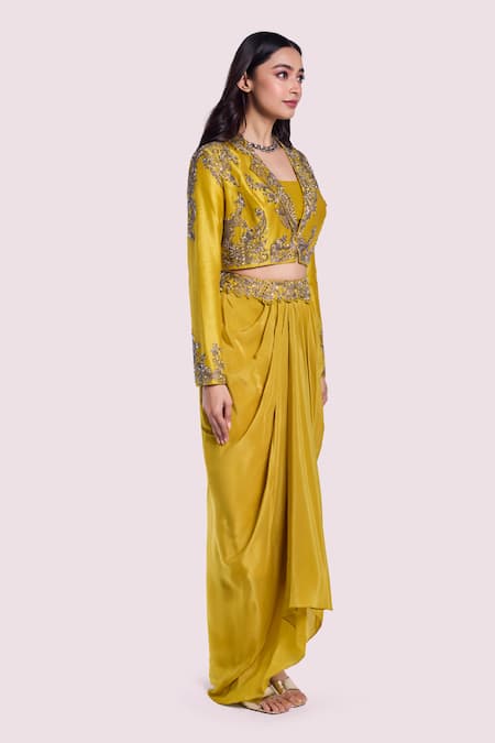 Buy Onaya Yellow Crepe, Silk Embroidery, Cut Work, Pearls, Sequins Jacket And Skirt Set Online at Aza Fashions Buy_Onaya_Yellow Crepe, Silk Embroidery, Cut Work, Pearls, Sequins Jacket And Skirt Set _Online_at_Aza_Fashions