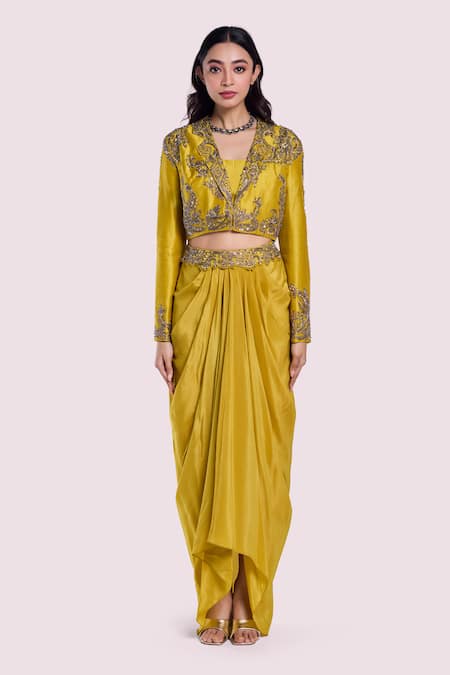Onaya Yellow Crepe, Silk Embroidery, Cut Work, Pearls, Sequins Jacket And Skirt Set 