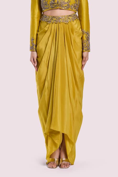 Shop Onaya Yellow Crepe, Silk Embroidery, Cut Work, Pearls, Sequins Jacket And Skirt Set Online at Aza Fashions Shop_Onaya_Yellow Crepe, Silk Embroidery, Cut Work, Pearls, Sequins Jacket And Skirt Set _Online_at_Aza_Fashions