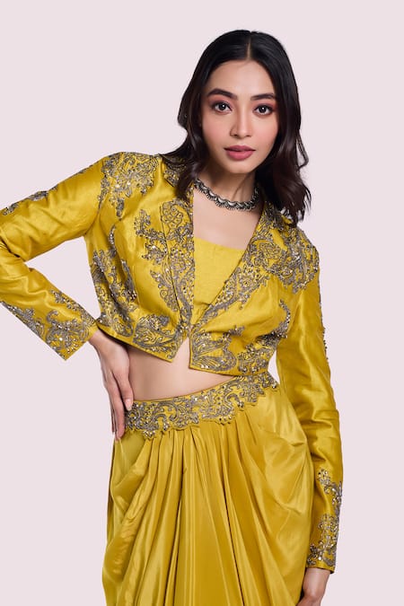Onaya Yellow Crepe, Silk Embroidery, Cut Work, Pearls, Sequins Jacket And Skirt Set at Aza Fashions Onaya_Yellow Crepe, Silk Embroidery, Cut Work, Pearls, Sequins Jacket And Skirt Set _at_Aza_Fashions