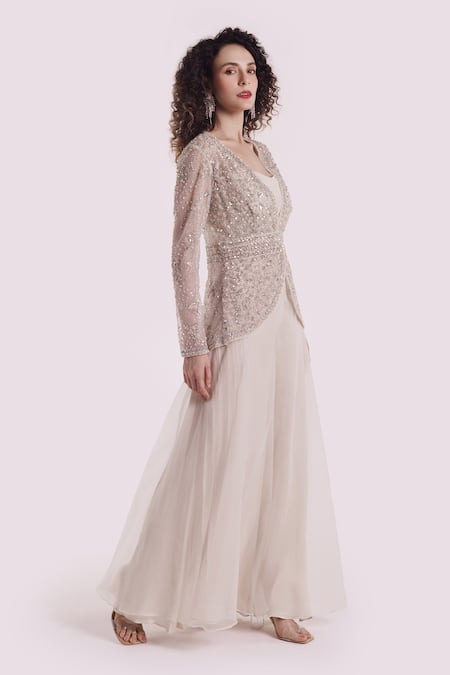 Onaya_Off White Organza, Net Embroidery Round Neck, Jacket And Wide Legged Pant Set _Online_at_Aza_Fashions