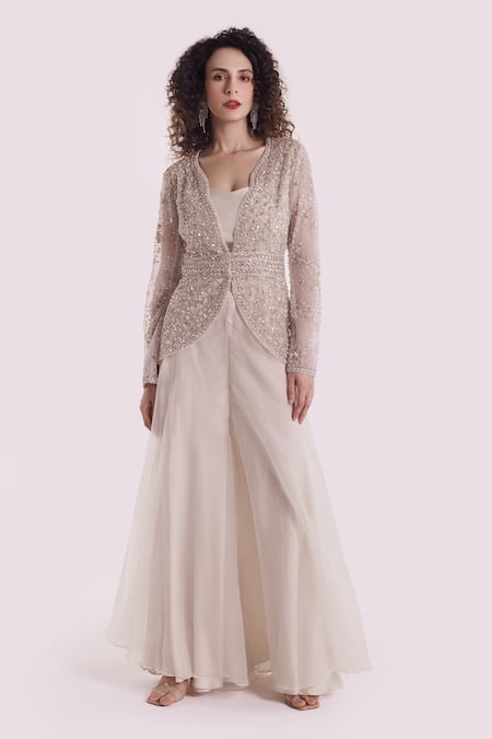 Onaya Off White Organza, Net Embroidery Round Neck, Jacket And Wide Legged Pant Set 
