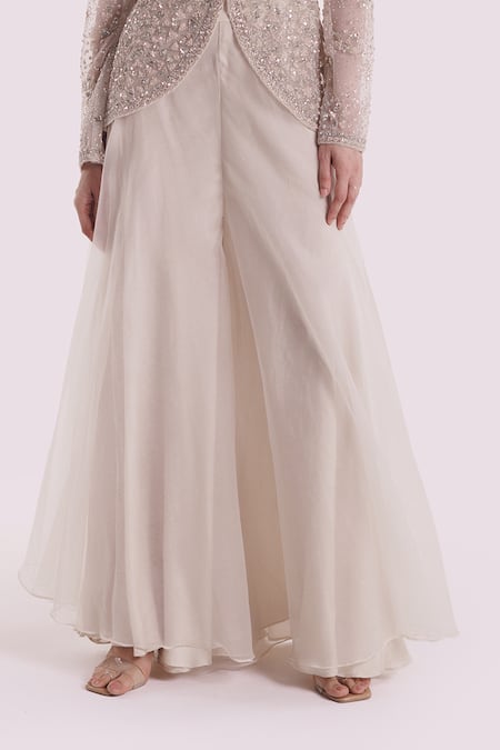 Buy_Onaya_Off White Organza, Net Embroidery Round Neck, Jacket And Wide Legged Pant Set _Online_at_Aza_Fashions