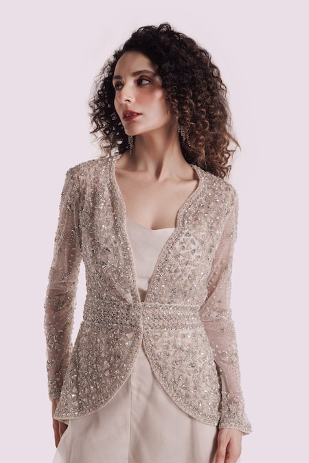 Shop_Onaya_Off White Organza, Net Embroidery Round Neck, Jacket And Wide Legged Pant Set _Online_at_Aza_Fashions