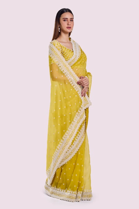 Onaya Green Organza Embroidery Round Neck Saree And Blouse Set Online at Aza Fashions Onaya_Green Organza Embroidery Round Neck Saree And Blouse Set _Online_at_Aza_Fashions