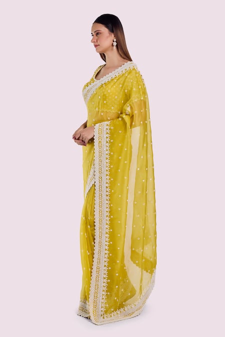 Shop Onaya Green Organza Embroidery Round Neck Saree And Blouse Set Online at Aza Fashions Shop_Onaya_Green Organza Embroidery Round Neck Saree And Blouse Set _Online_at_Aza_Fashions