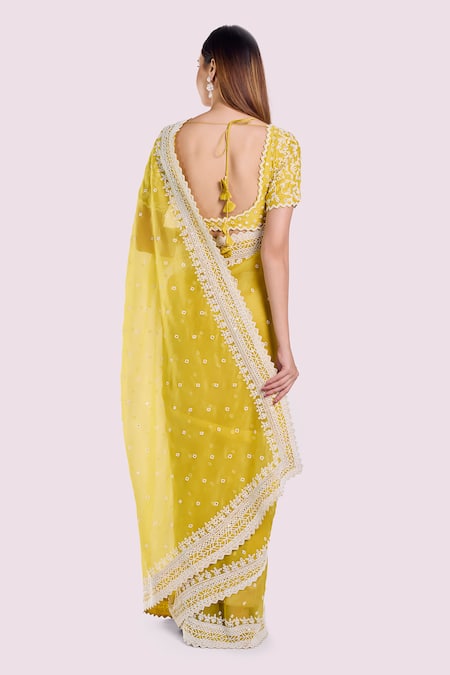 Shop Onaya Green Organza Embroidery Round Neck Saree And Blouse Set at Aza Fashions Shop_Onaya_Green Organza Embroidery Round Neck Saree And Blouse Set _at_Aza_Fashions