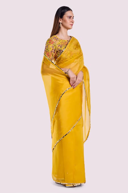 Buy_Onaya_Yellow Organza Sequins, Embroidery Round Neck Saree And Blouse Set _Online_at_Aza_Fashions