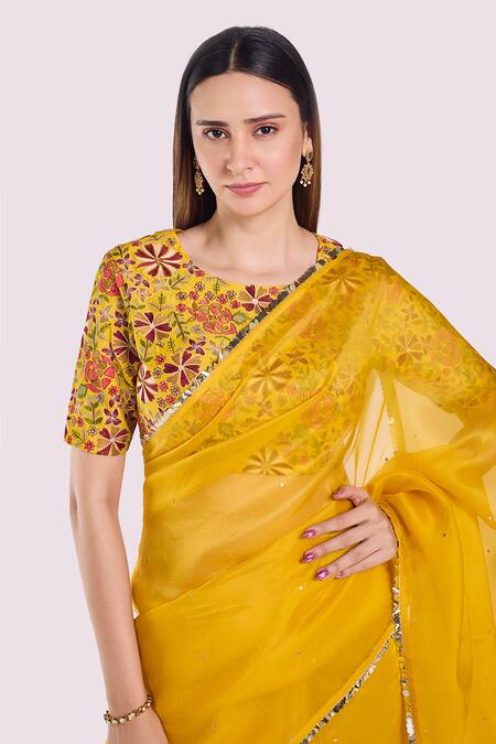 Shop_Onaya_Yellow Organza Sequins, Embroidery Round Neck Saree And Blouse Set _Online_at_Aza_Fashions