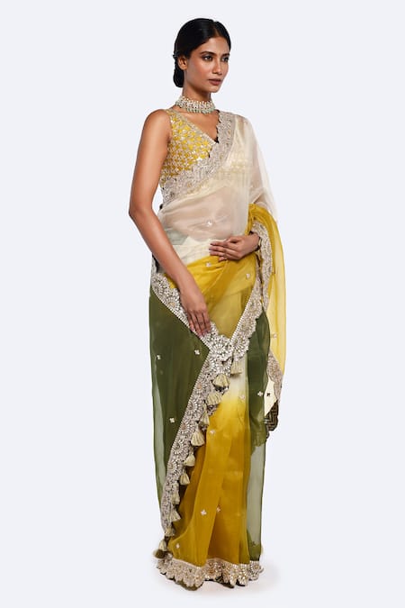 Onaya_Green Organza Gota Patti, Sequins Plunge Neck Saree And Embellished Blouse Set _Online_at_Aza_Fashions