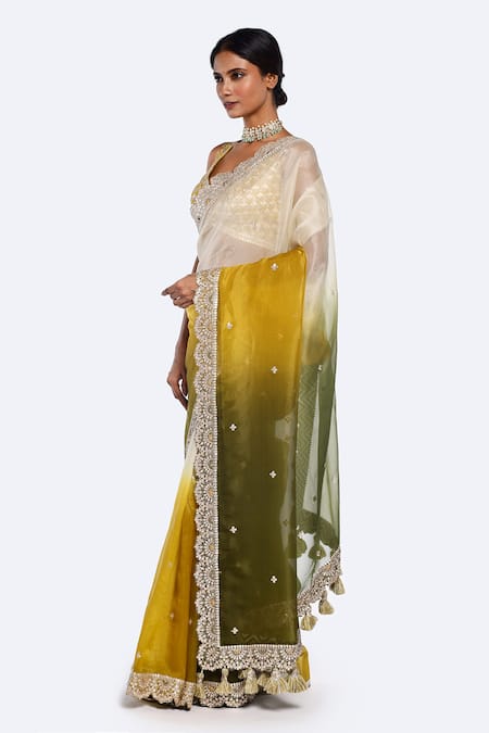 Buy_Onaya_Green Organza Gota Patti, Sequins Plunge Neck Saree And Embellished Blouse Set _Online_at_Aza_Fashions