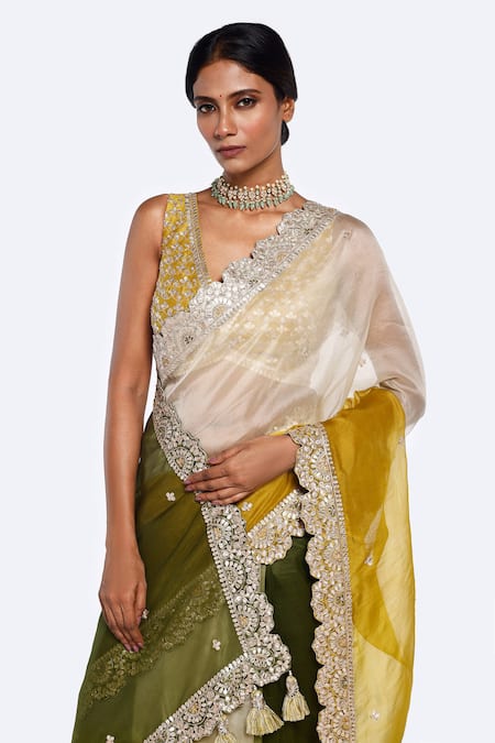 Shop_Onaya_Green Organza Gota Patti, Sequins Plunge Neck Saree And Embellished Blouse Set _Online_at_Aza_Fashions