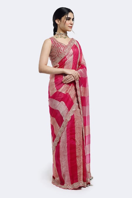 Onaya Pink Tissue Embroidery, Sequins Round Color Block Saree And Embellished Blouse Set Online at Aza Fashions Onaya_Pink Tissue Embroidery, Sequins Round Color Block Saree And Embellished Blouse Set _Online_at_Aza_Fashions