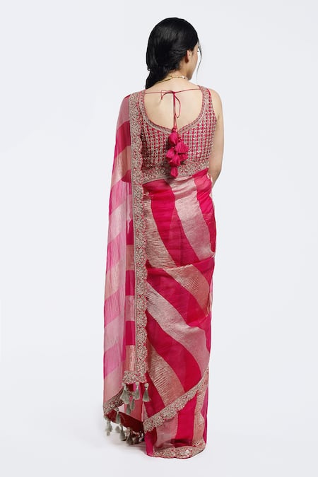 Shop Onaya Pink Tissue Embroidery, Sequins Round Color Block Saree And Embellished Blouse Set at Aza Fashions Shop_Onaya_Pink Tissue Embroidery, Sequins Round Color Block Saree And Embellished Blouse Set _at_Aza_Fashions