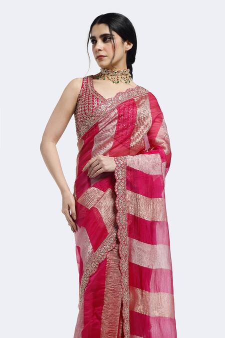 Shop Onaya Pink Tissue Embroidery, Sequins Round Color Block Saree And Embellished Blouse Set Online at Aza Fashions Shop_Onaya_Pink Tissue Embroidery, Sequins Round Color Block Saree And Embellished Blouse Set _Online_at_Aza_Fashions