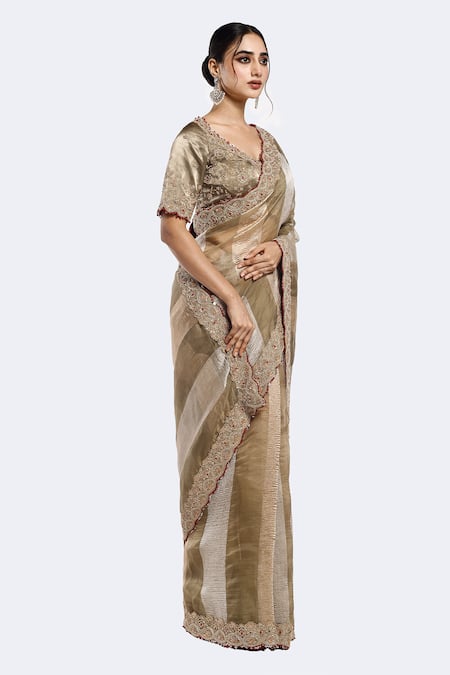 Onaya_Green Tissue Embroidery, Sequins Color Block Saree And Embellished Blouse Set _Online_at_Aza_Fashions