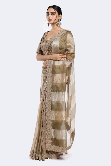 Buy_Onaya_Green Tissue Embroidery, Sequins Color Block Saree And Embellished Blouse Set _Online_at_Aza_Fashions