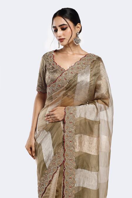 Shop_Onaya_Green Tissue Embroidery, Sequins Color Block Saree And Embellished Blouse Set _Online_at_Aza_Fashions