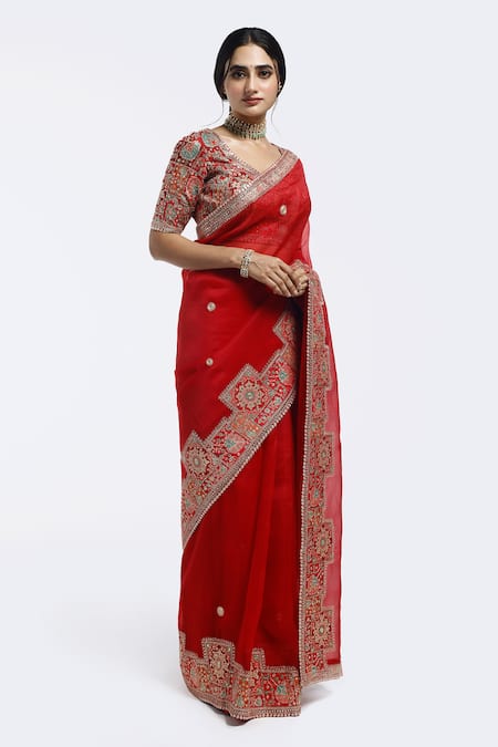 Onaya_Red Organza Embroidery, Sequins V-neck Embellished Saree And Blouse Set _Online_at_Aza_Fashions
