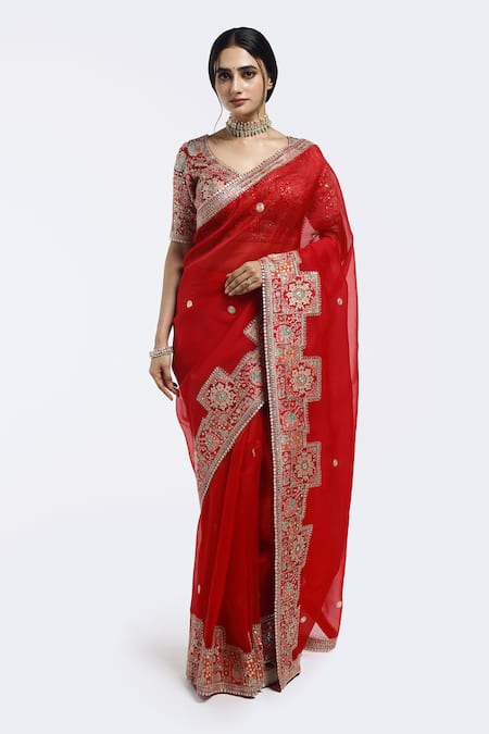 Onaya Red Organza Embroidery, Sequins V-neck Embellished Saree And Blouse Set