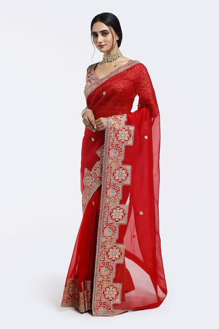 Buy_Onaya_Red Organza Embroidery, Sequins V-neck Embellished Saree And Blouse Set _Online_at_Aza_Fashions