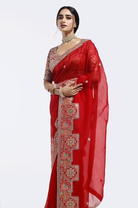 Shop_Onaya_Red Organza Embroidery, Sequins V-neck Embellished Saree And Blouse Set _Online_at_Aza_Fashions